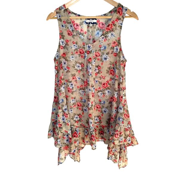 Comme Toi Floral Blouse S Sleeveless Sheer Asymmetrical Lightweight Flowy - Picture 1 of 6